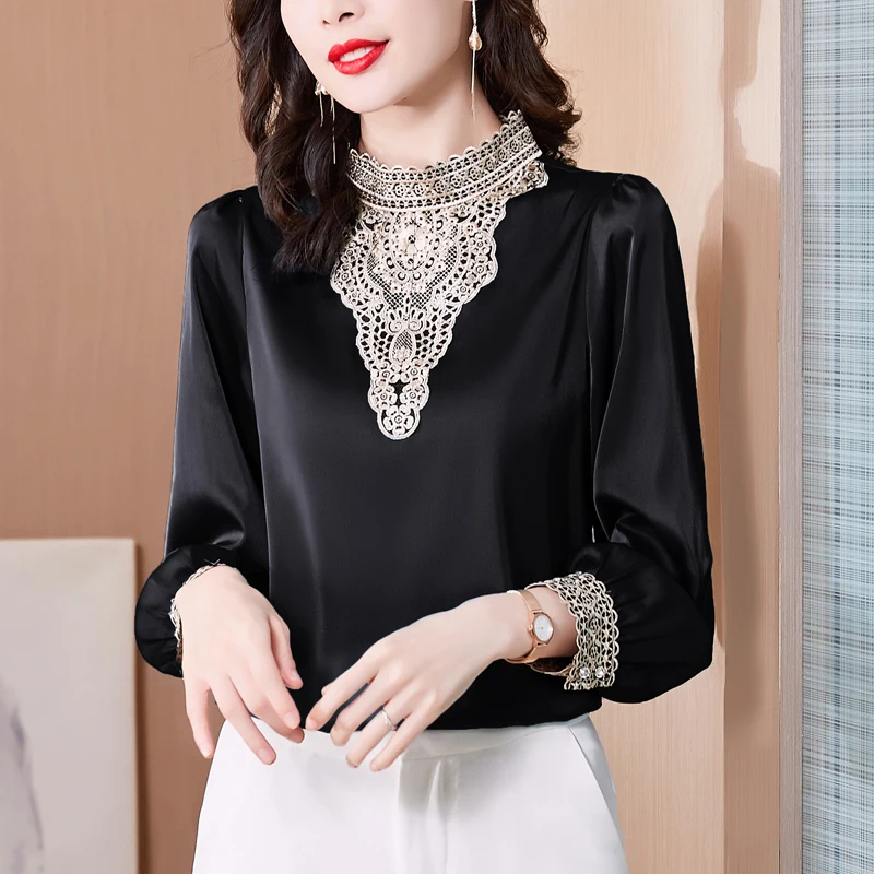Женская кружевная блузка с вышивкой элегантная винтажная Повседневная атласная