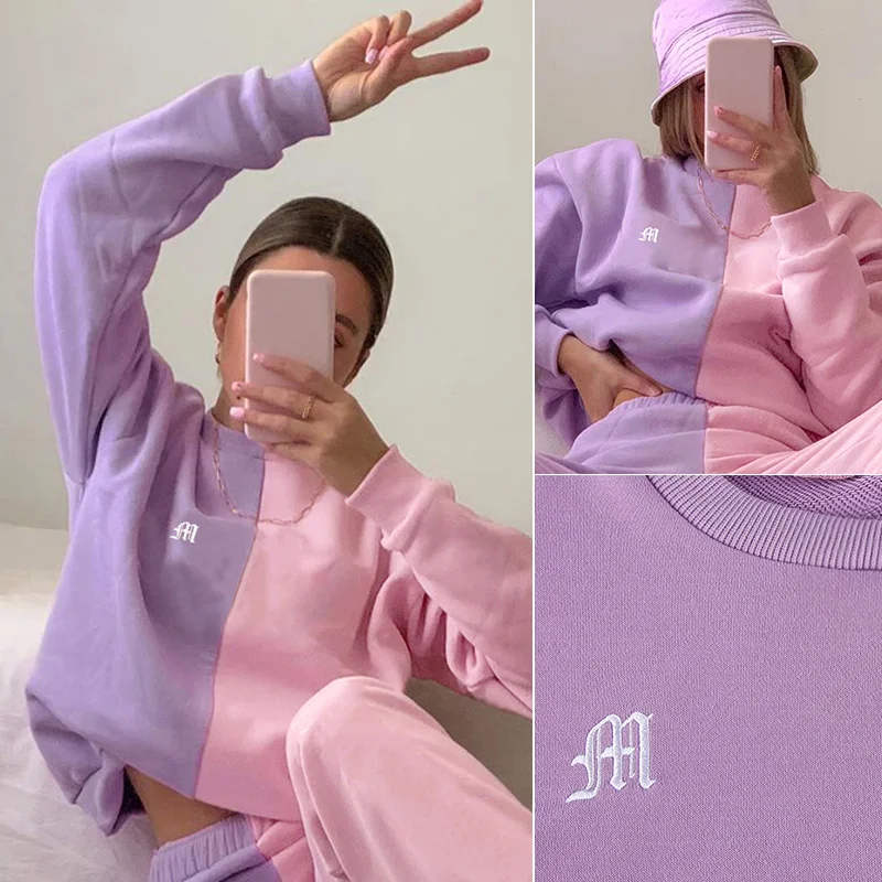 

Hot Kf-Patchwork Letter Embroidery Oversize Pink Sweatshirt Women Autumn Crew Neck Long Sleeved Pullover Tops