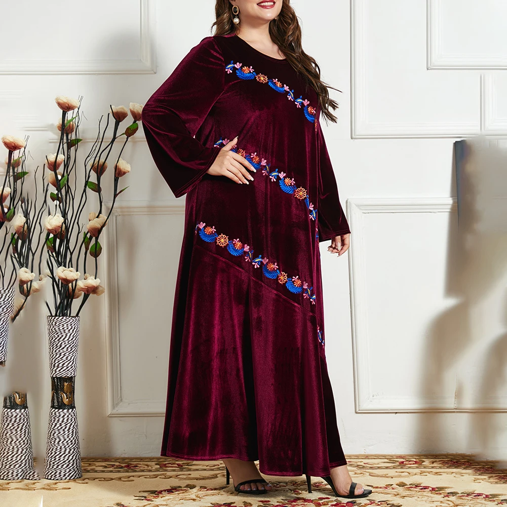 

Plus Size Women Velvet Dress Casual Floral Long Embroidery Flower O-Neck Party Dress Autumn/Winter Elegant Dress L -4XL
