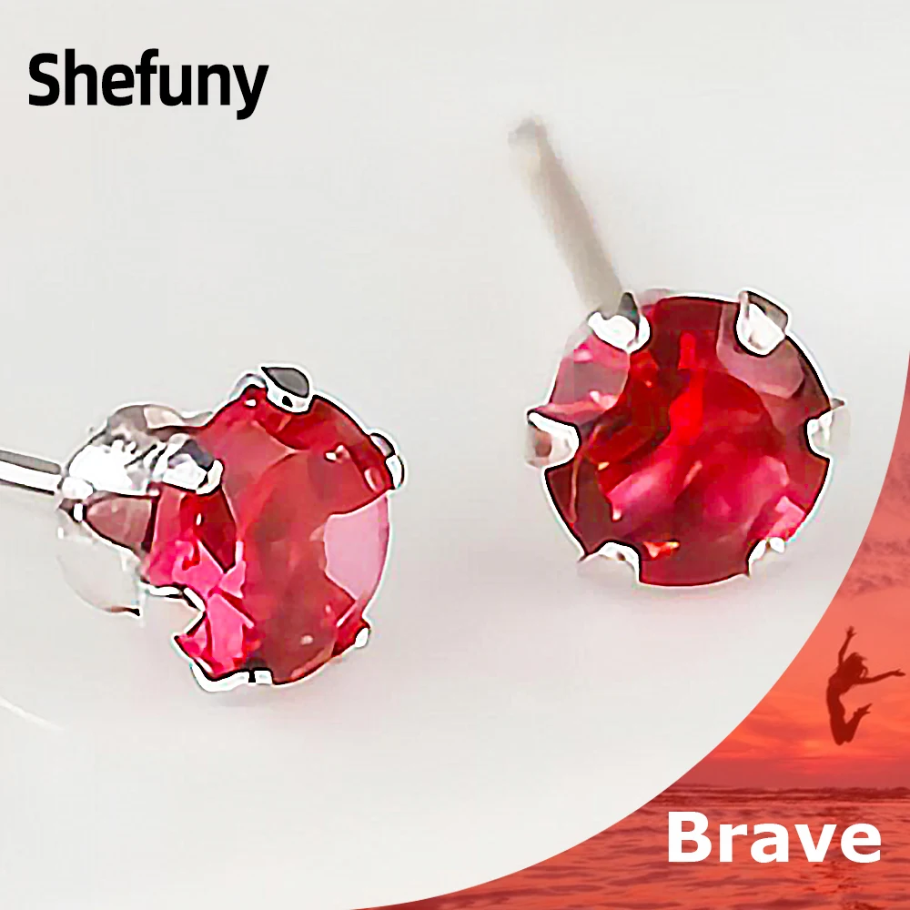 

Shefuny 925 Sterling Silver 6mm Round Stud Earrings Simple Colorful Zirconia Geometric Earring For Women Fine Jewelry Party Gift