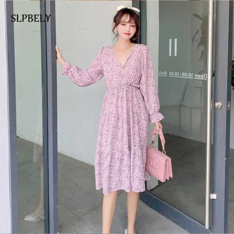 

SLPBELY Sweet Floral Printed Women Dress Spring Summer V Neck Long Sleeve Retro Black Pink Midi Dress A Line Lace up Dress New