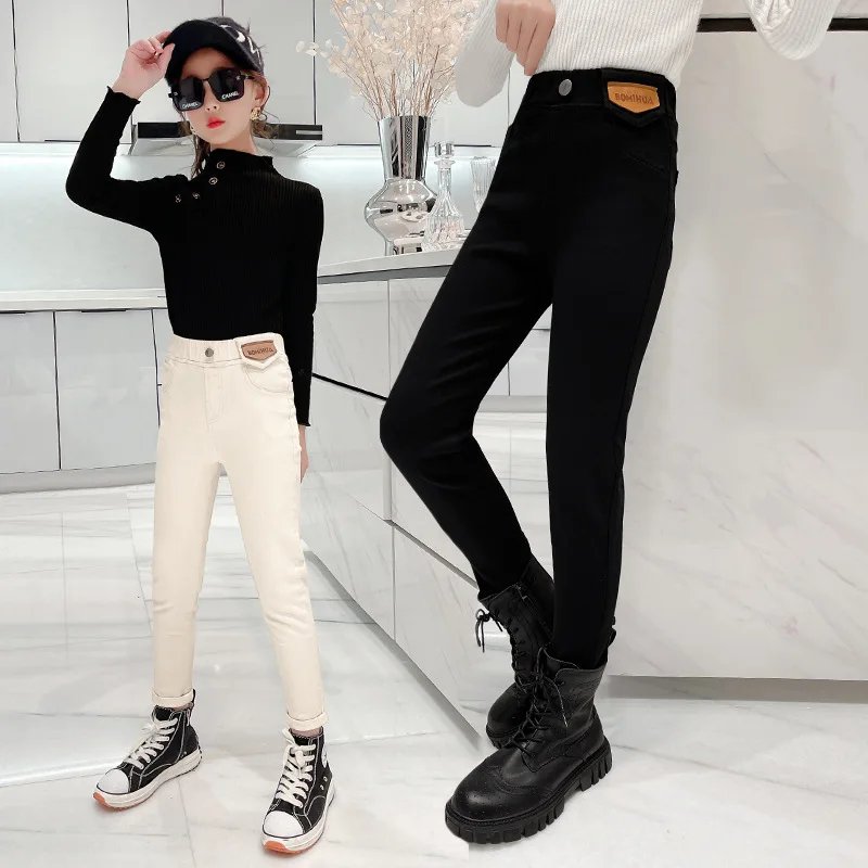 

Fashion New Girl Pencil Pants Jeans Spring Summer Teenage Elastic Waits Skinny Denim Trousers Kids Casual Solid Color Slack Pant