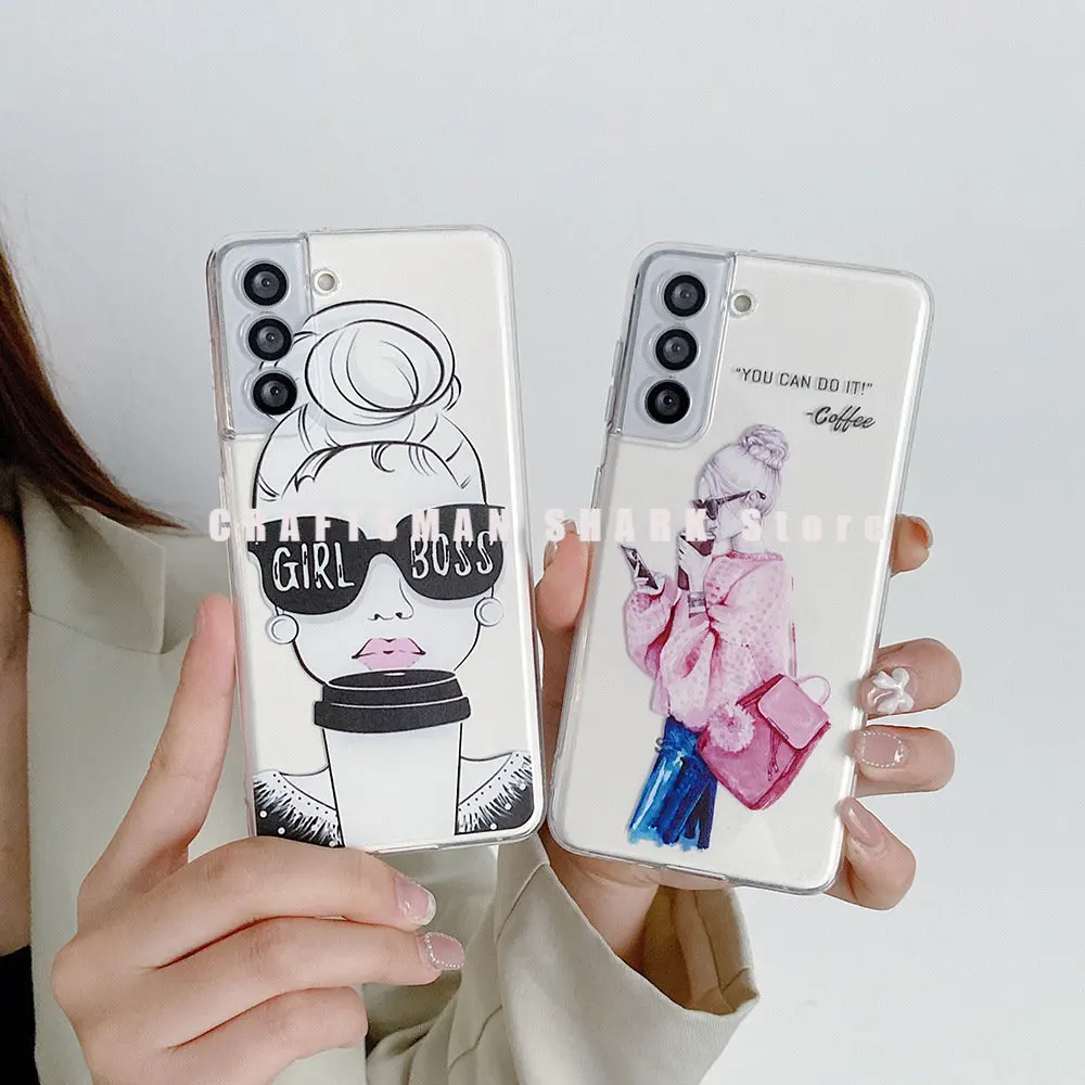 

European and American Coffee Beauty Transparent Phone Case For Samsung Galaxy S22 S21 FE S20 Plus Ultra Note20 10 A22 A32 5G A71