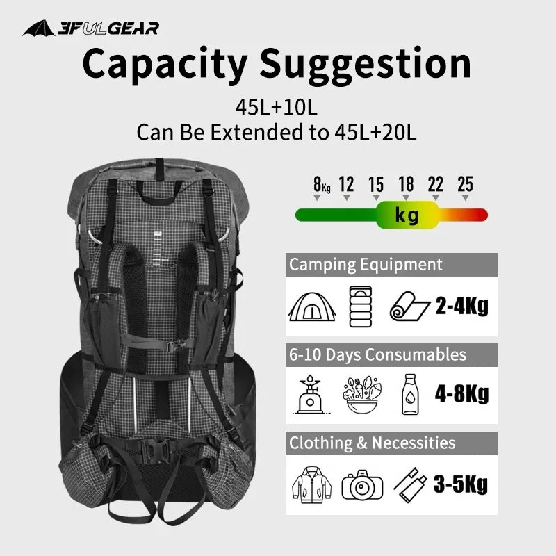 3F UL GEAR 45+10L YUE Camping Outdoor Ultralight Backpack Women/Men Sport Bag X-PAC Breathable Rucksack Adjust System