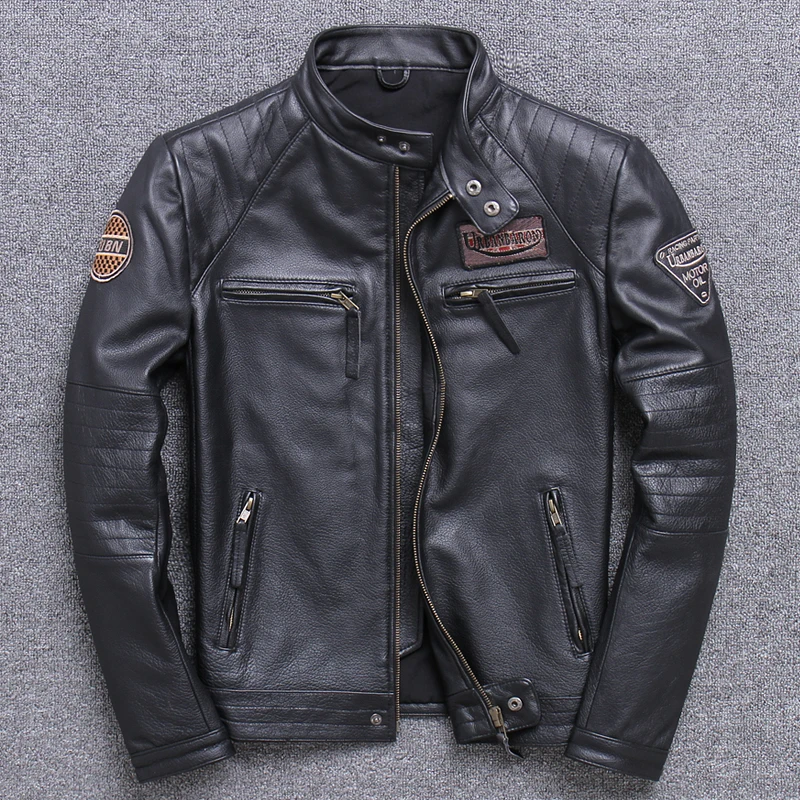 Enlarge Locomotive Imported Distressed First Layer Pure Cattlehide Real Leather Clothes Men's Stand-up Collar Slim Fit Motorcycle Jacket