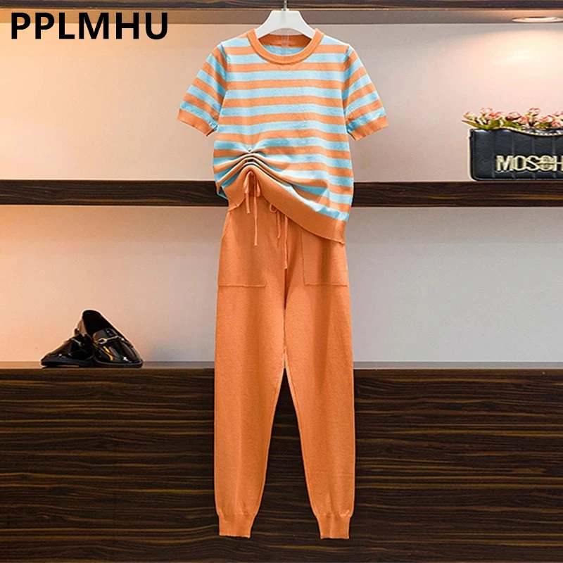 

Shorts Sleeve Striped Knitted 2 Piece Sets Women Lace Up Thin Knit Tshirt Suits Basic Knitwear Ankle-length Jogging Pants Outfit