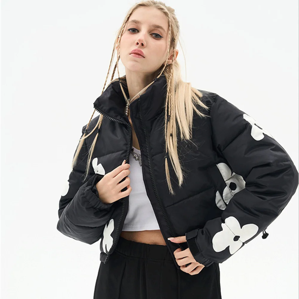 

new casual short cotton Winter coat women Hand painted flower printed patchwork fashion stand collar warm padded jacket Y3258