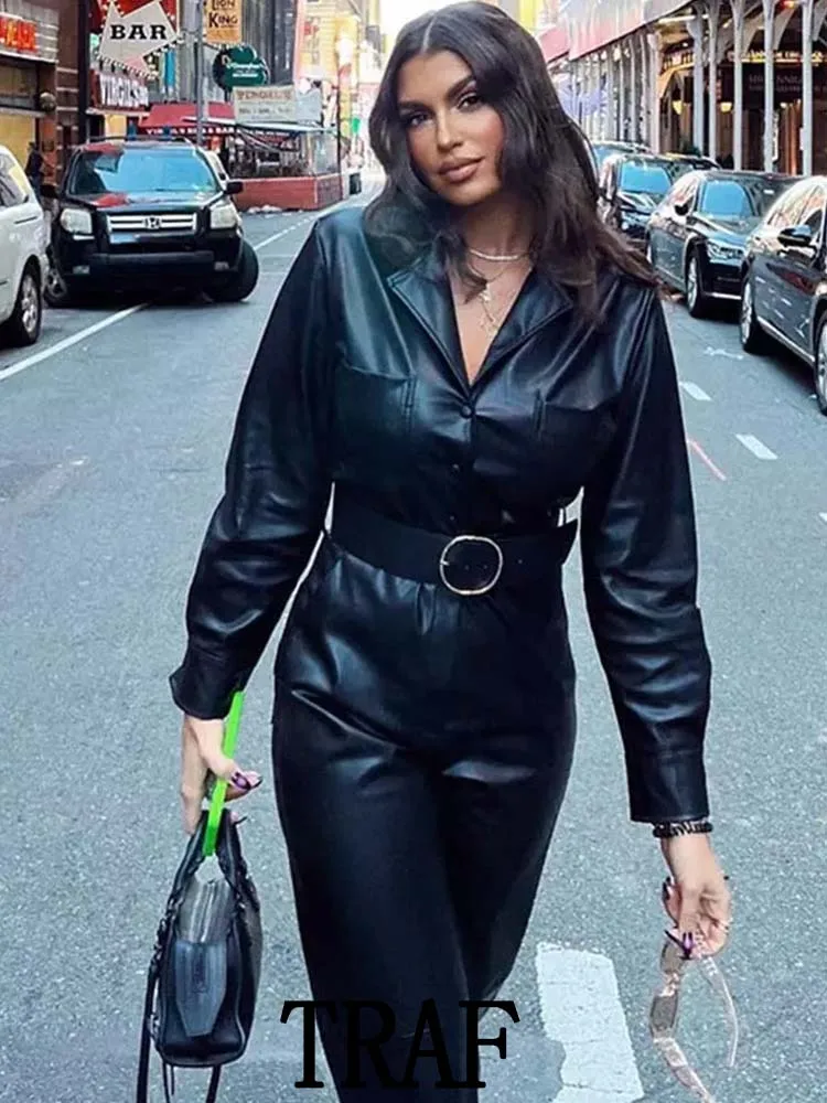

TRAF 2023 Woman Lapel Faux Leather Jumpsuit Fashion Long Sleeve With Belt Pocket Autumn Casual Playsuits Tops