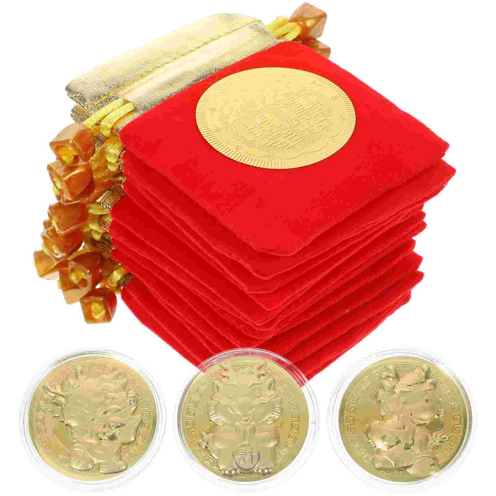 

12 Sets New-year Dragon-year Gold Coins Fortune Coins Commemorative Coins with Bag