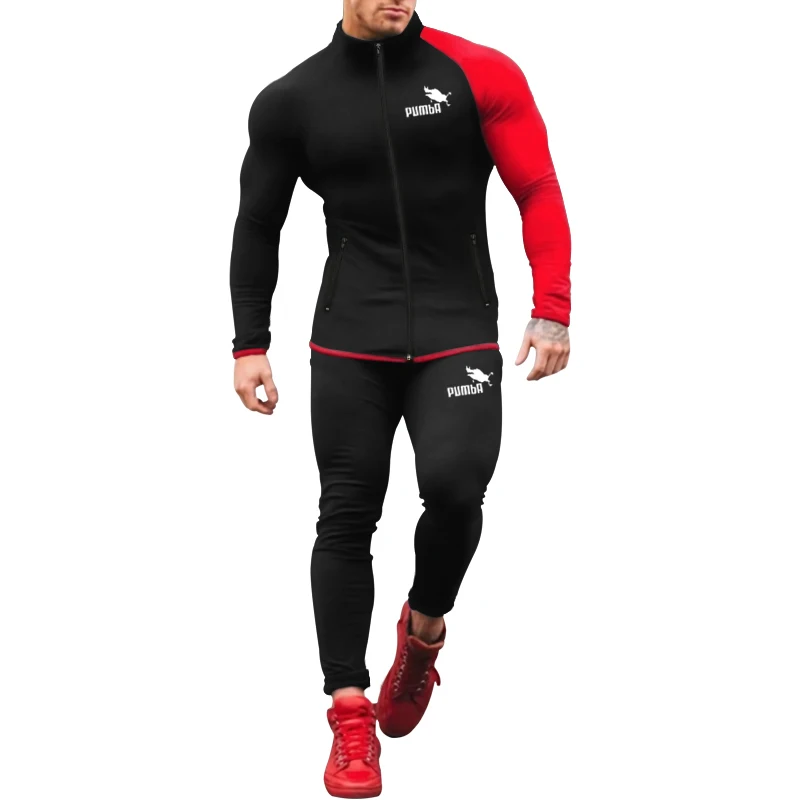 

Autumn and winter new men's long-sleeved hooded stitching zipper fashion contrast color casual sports suit