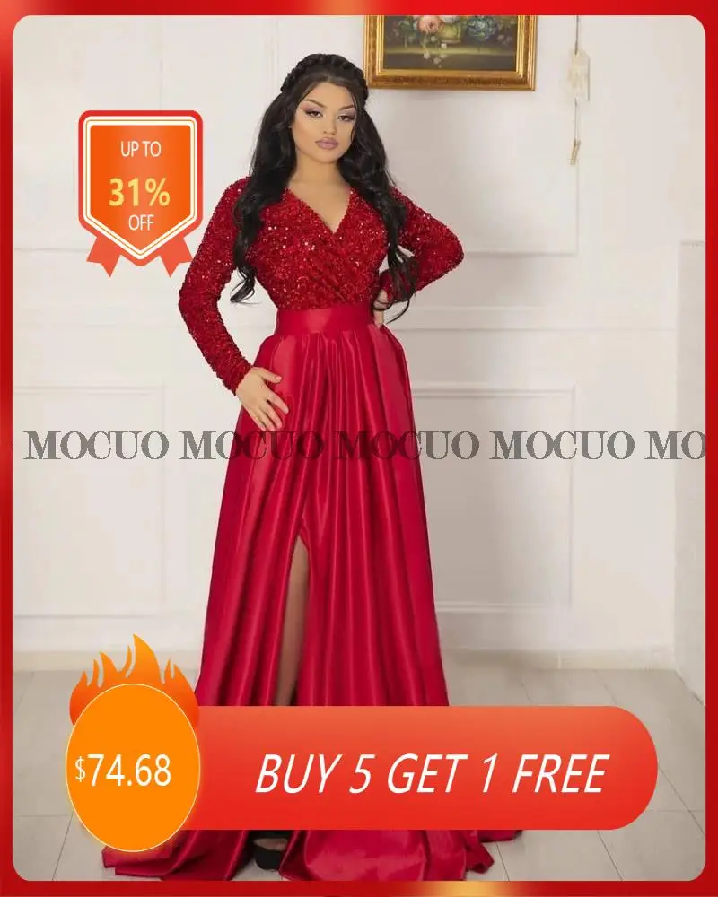 

Женское вечернее платье со шлейфом, элегантное ТРАПЕЦИЕВИДНОЕ ПЛАТЬЕ с блестками, V-образным вырезом и длинными рукавами, бальное платье с разрезом для выпускного вечера