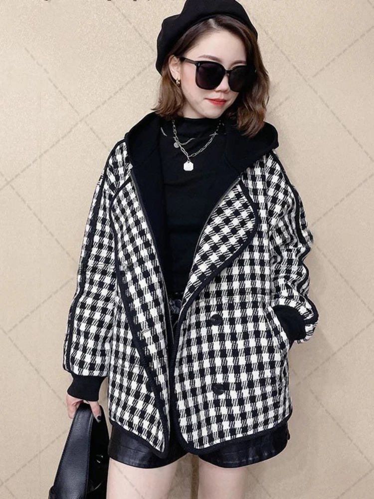 

New Lattice Coat Women Winter Jacket 2023 Fashion Hooded Fake Two Pieces Double Row Button Loose Warm Coats for Women Clothing