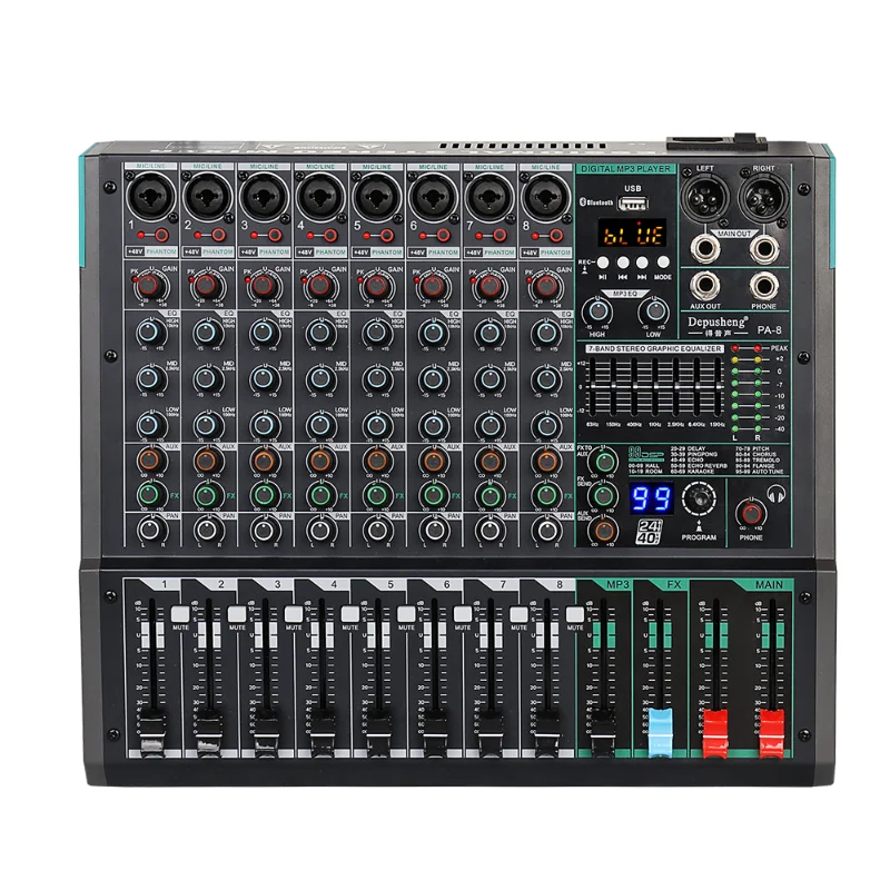 

Mixer PA8 8 Channel Sound Board Console DJ Mixing Desk System Interface Built-in 99 Reverb Effect