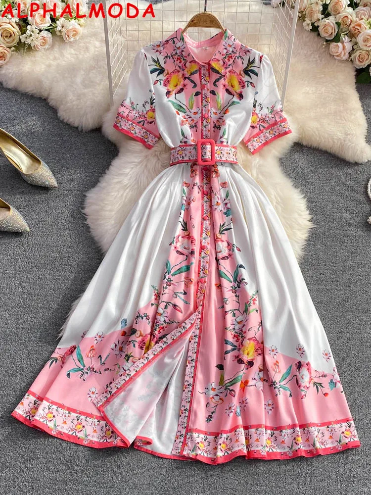 

Женское однобортное платье ALPHALMODA, с отложным воротником и поясом, с цветочным принтом, элегантное на лето 2022