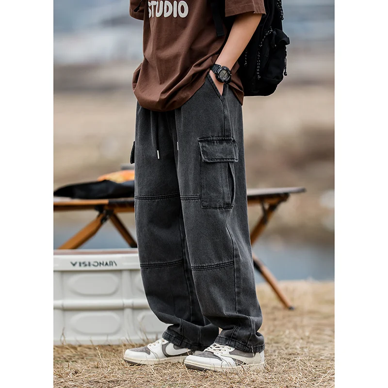 Blue Black Baggy Jeans Men's Fashion Pocket Cargo Jeans Men Japanese Streetwear Hip-hop Loose Straight Denim Pants Mens Trousers