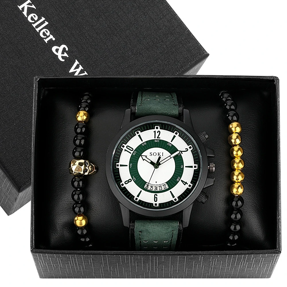 

Casual Fashion Quartz Watch Green Leather Strap Men's Skull Elastic Bracelets Exquisite Gift Set With Box for Man Husband Father