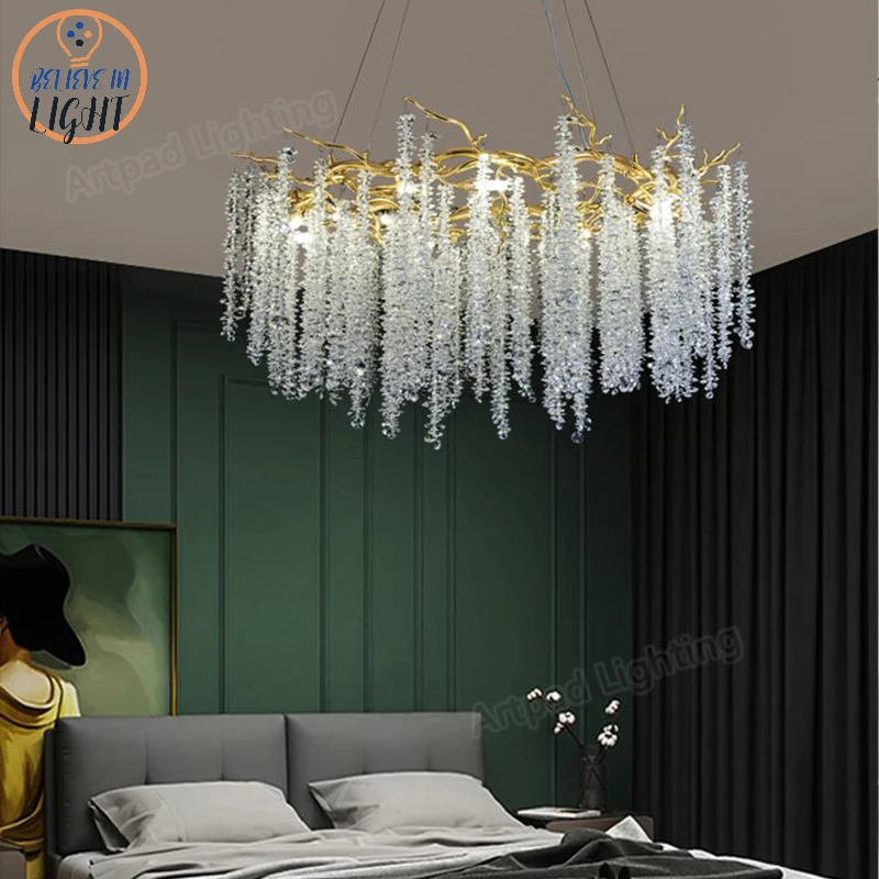 

Nordic Long Ceiling Chandelier Large Crystal Branch Dining Room Lighting Aluminum Luxury Tassel Glass Round Chandeliers