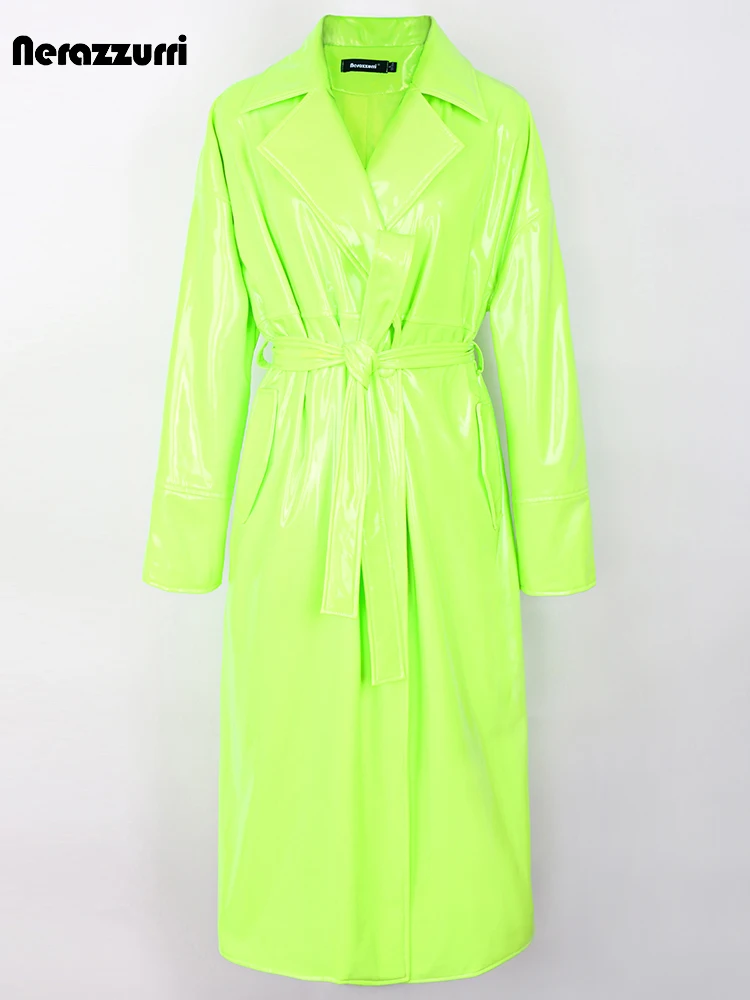 Nerazzurri Spring Autumn Long Oversized Bright Green Pink Patent Leather Trench Coat for Women Sashes Luxury Designer Clothes