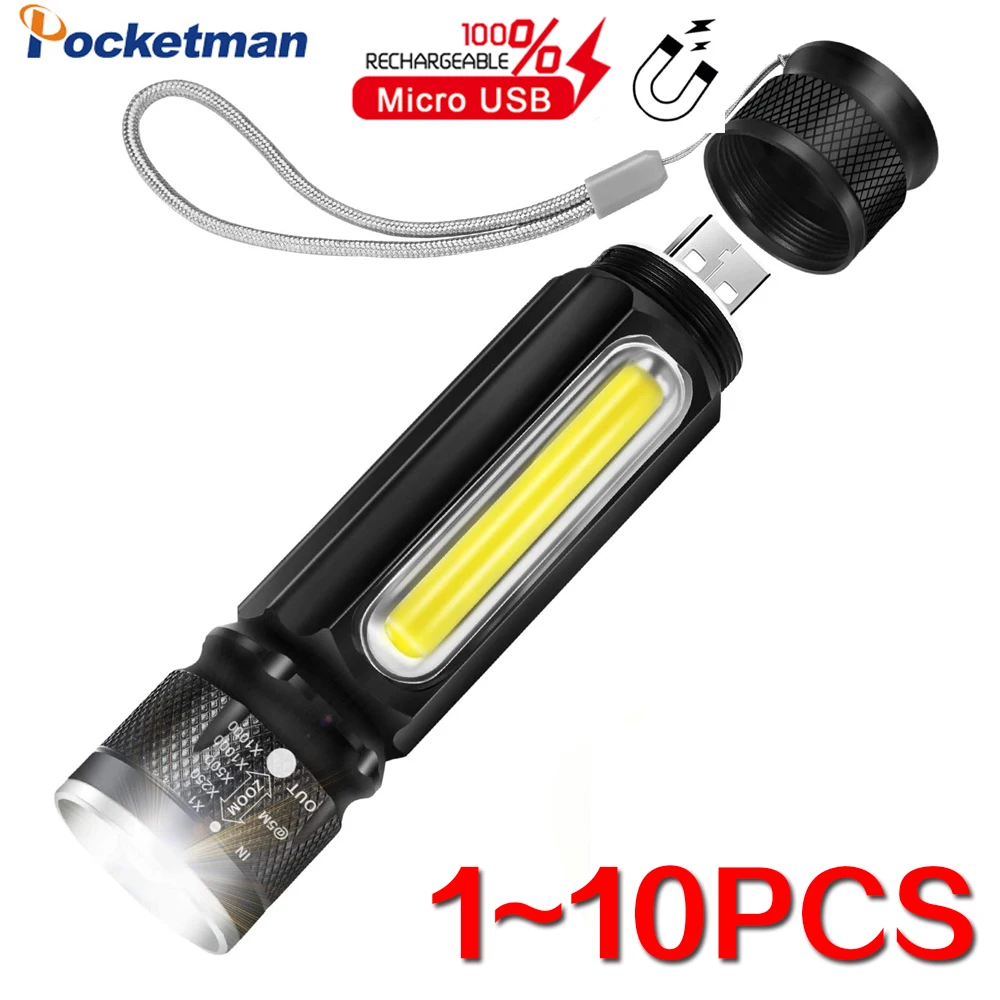 

1/10PCS T6 LED Flashlight USB Charging Flashlights with COB Side Light Zoom Torch Waterproof Flashlights for Camping Emergency