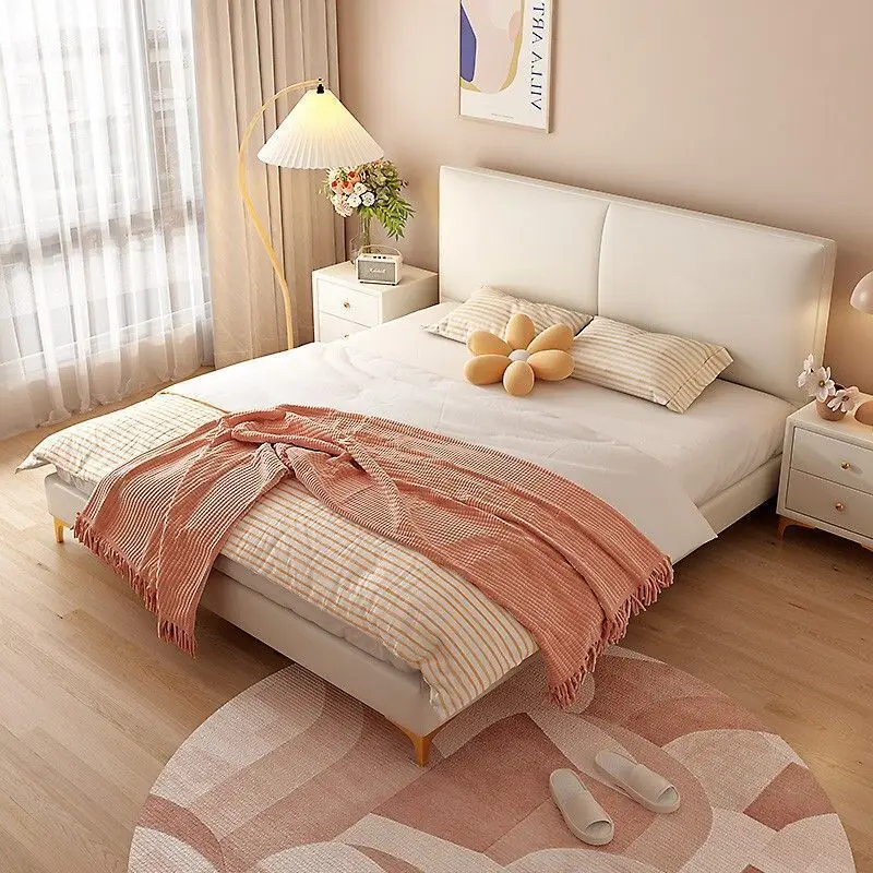 

Italian minimalist bed master bedroom light luxury modern solid wood double bed minimalist internet celebrity new leather art be