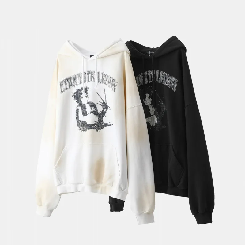 [BOMP] Эдвард Ножницы Черно-белая винтажная мужская толстовка с ручным принтом