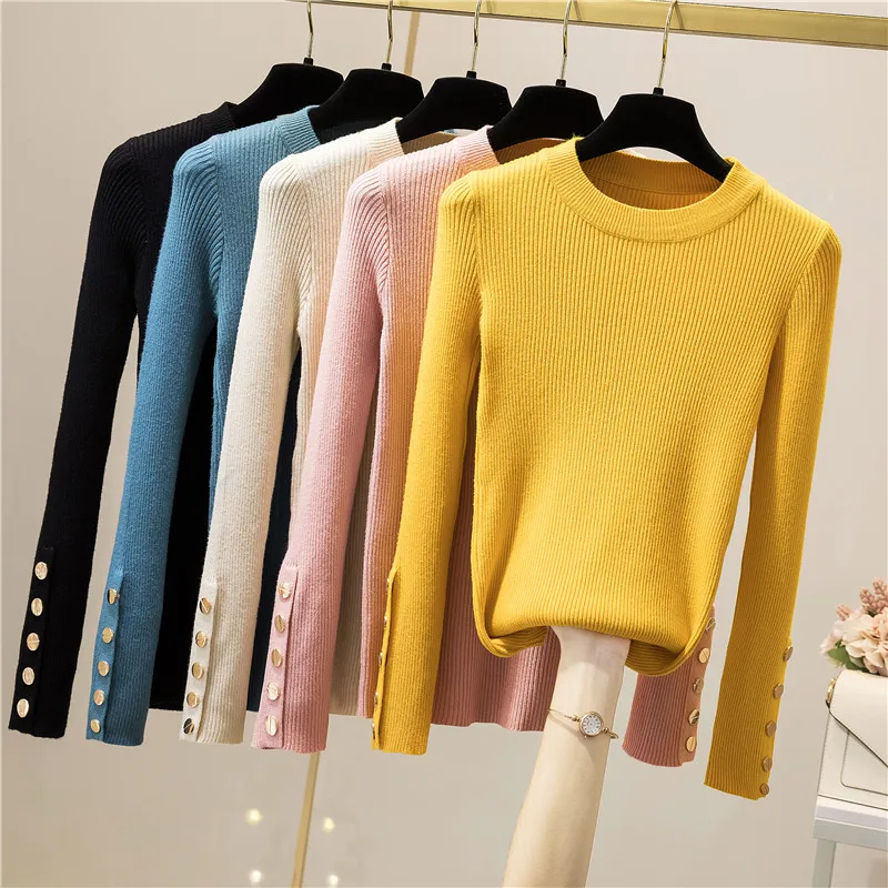 

Knitted Women's Long Sleeve Sweater Pullover Solid Ribbed Basic Jumpers Sueter Mujer Yellow Harajuku Elegant Autumn Winter Tops