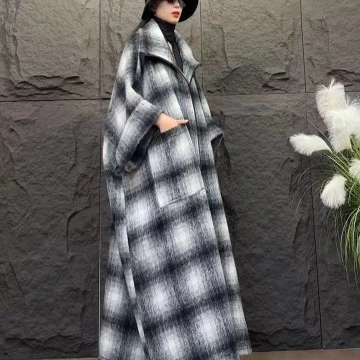 Vefadisa 2024 осенне-зимнее новое черное клетчатое женское шерстяное пальто с