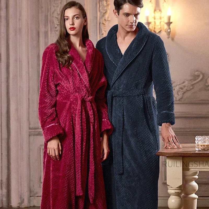 

Men Winter Extra Long Plus Size Flannel Bathrobe Warm Coral Fleece Bath Robe Lovers Lounge Sleepwear Women Zipper Dressing Gown