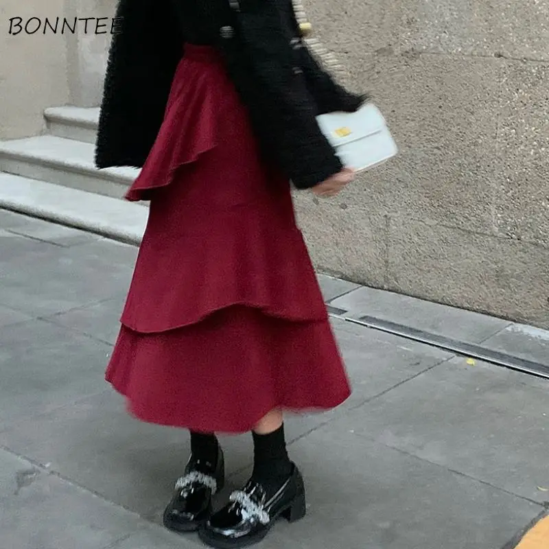 

Женские однотонные винтажные Популярные Красные ассиметричные элегантные ретро бойфренды милые универсальные Осенние новые свободные юб...