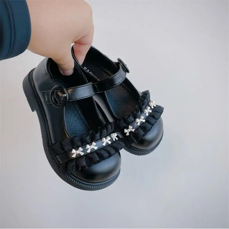 

2023 Spring New Children's Shoes Little Girls' Sweet Lace Princess Shoes Korean Style Fashion Girls' Black Beige Leather Shoes