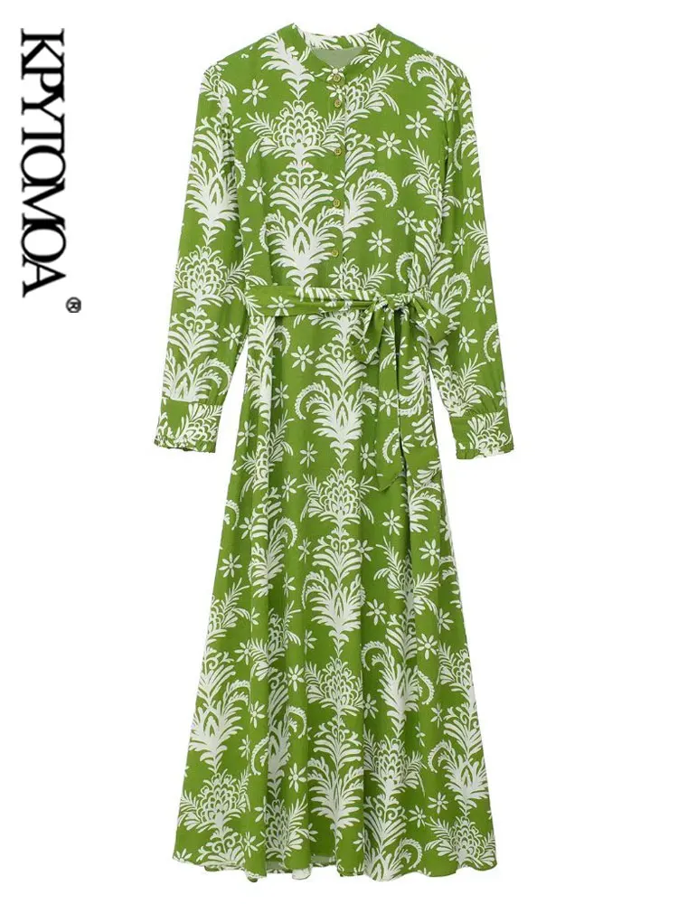 

KPYTOMOA Women Fashion With Belt Printed Midi Dress Vintage Flowing Neck Long Sleeve Female Dresses Vestidos Mujer