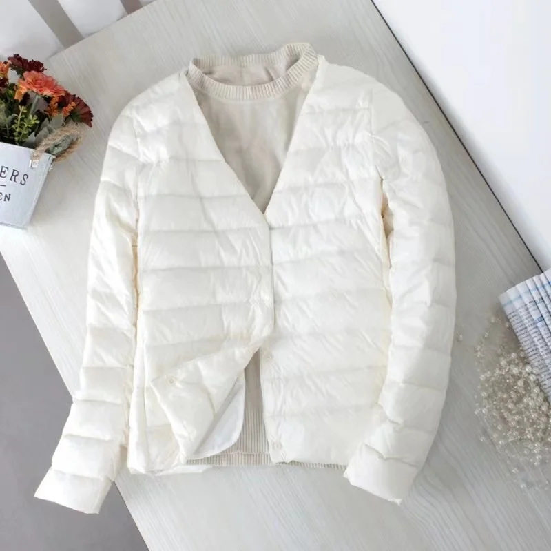 Women Liner Duck Down Jacket O-neck Variable V-neck 2023 New Female Winter Keep Warm Collarless Ultralight Quilted Puffer Coat