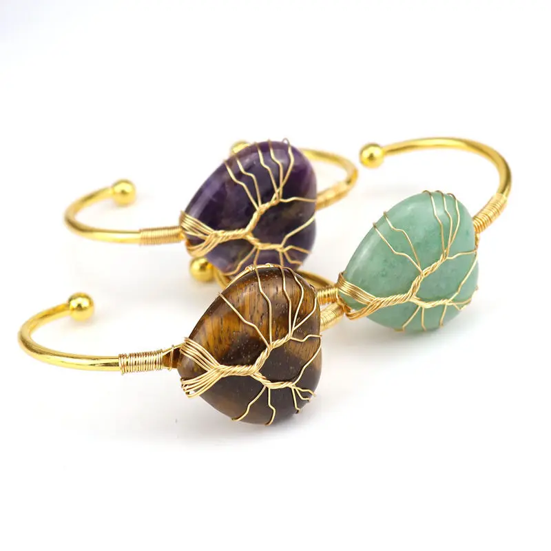 

Handmade Copper Wire Wrapped Heart Shape Tree Of Life Bangle & Bracelet Semi-precious Stones Natural Rock Crystal Cuff Bracelets