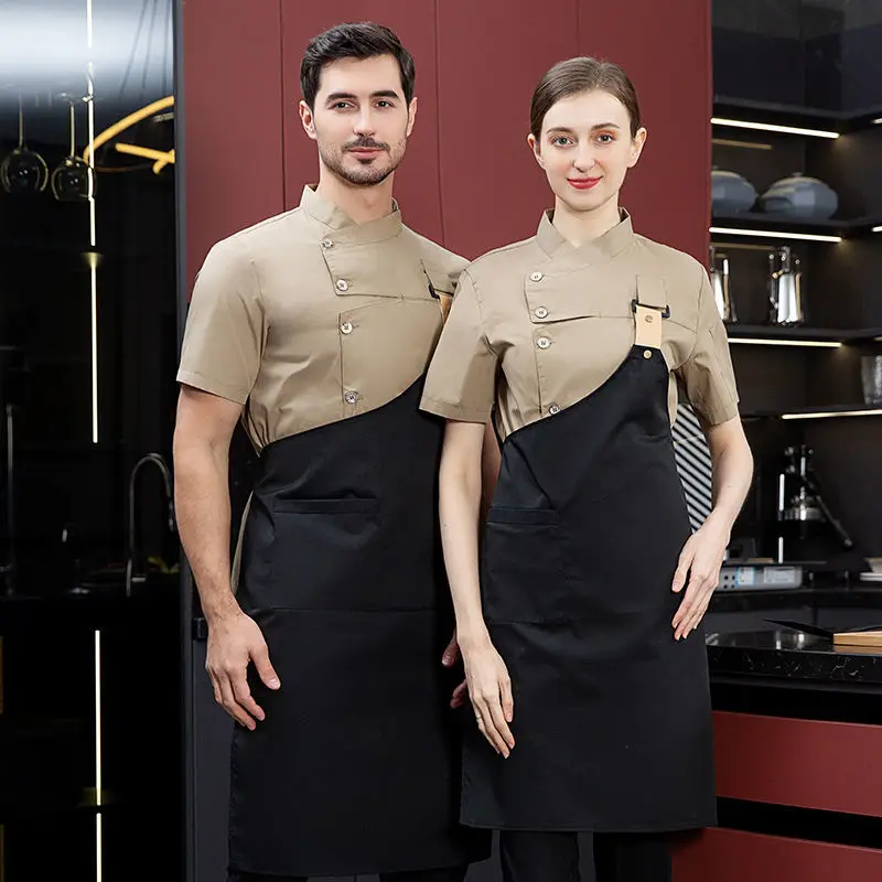 

Men Grey Chef Coat Logo Short Sleeve Chef Jacket Apron For Summer Head Chef Uniform Restaurant Hotel Kitchen Cooking Clothes