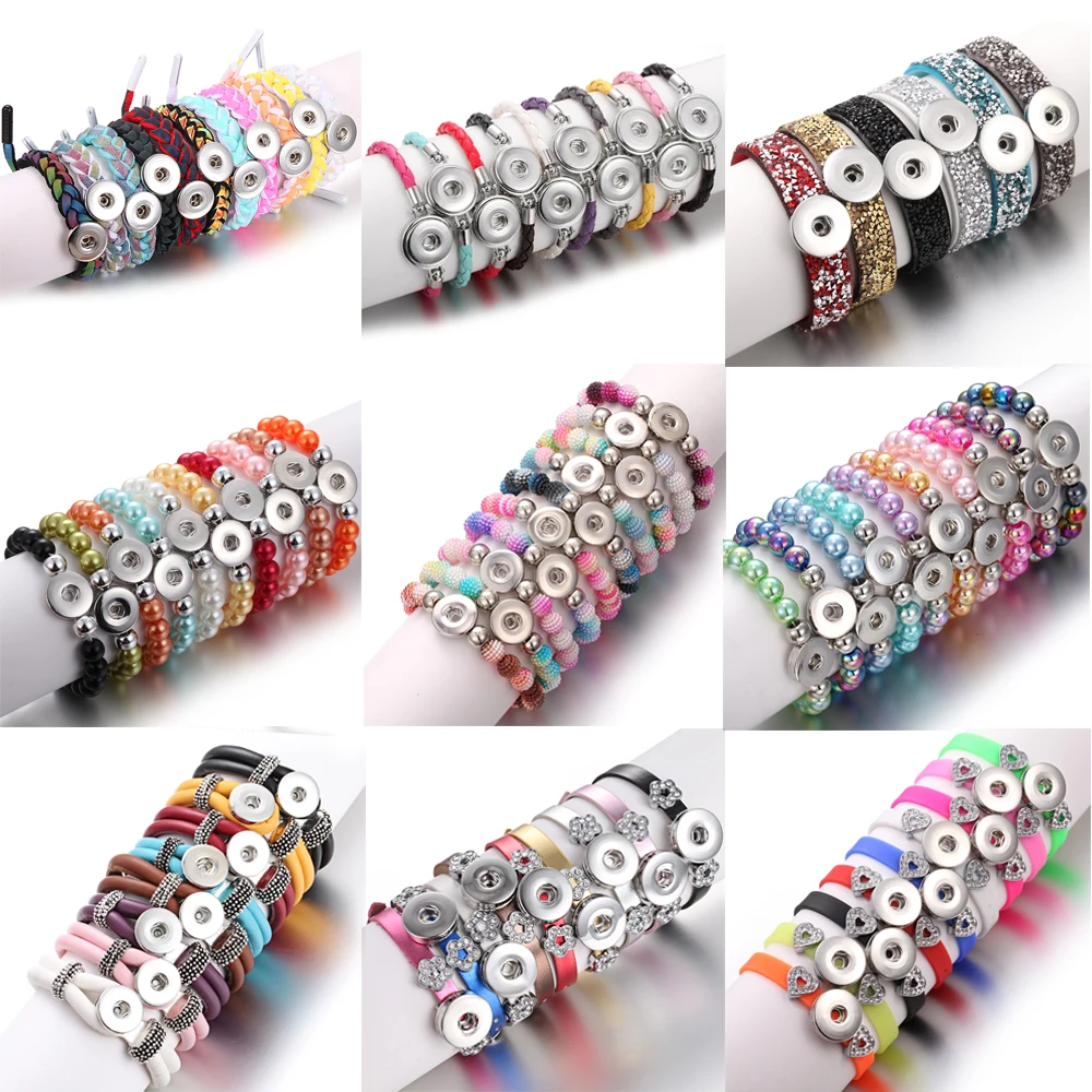 10pcs/lot New Snap Jewelry Bracelets 10mm Beads Leather 18mm Snap Button Bracelet Handmade Elastic Snap Bracelet for Women