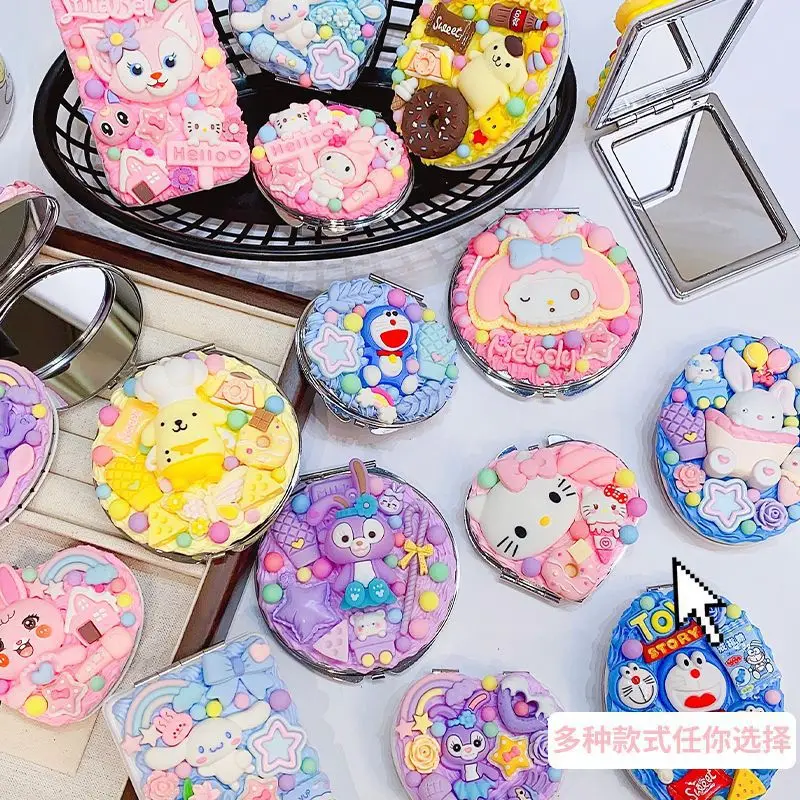 

Kawaii Hello Kitty Sanrio Round Mirrors Kuromi Convince Portable Cinnamoroll Double-Sided Small Beautiful Folding Makeup Gifts