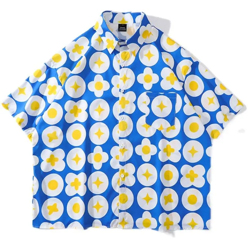 Fashion Brand Retro Simple Street Style Short-Sleeved Shirt Women Loose Oversize Couple Flower Shirt Trendy Top Men
