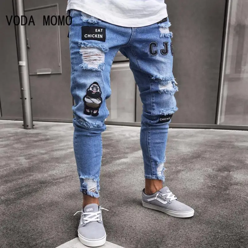 

3 Styles Men Stretchy Ripped Skinny Biker Embroidery Print Jeans Destroyed Hole Taped Slim Fit Denim Scratched High Quality Jean