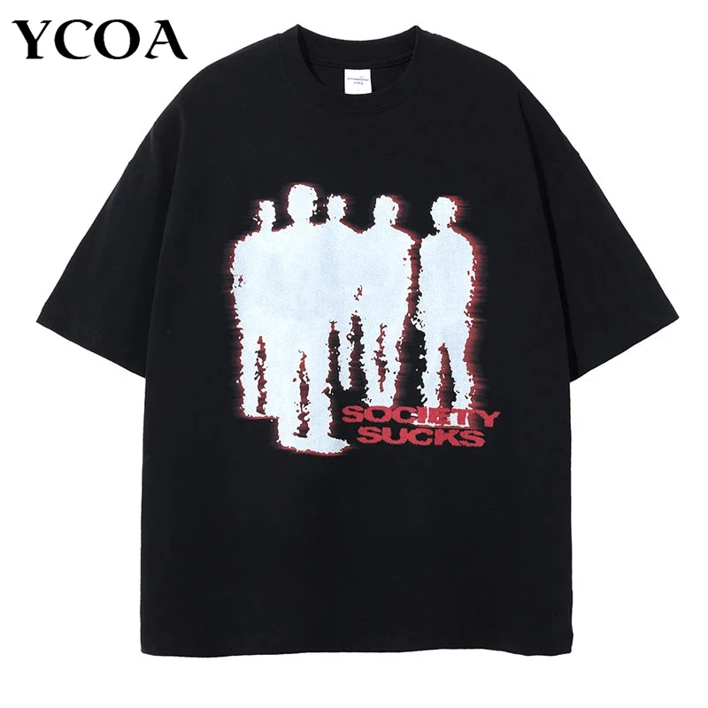 

Men Tshirt Cotton Shadow Letter Print Punk Hip Hop Gothic Streetwear Short Sleeve Summer Korean Fashion Tops Tees Y2k Clothing