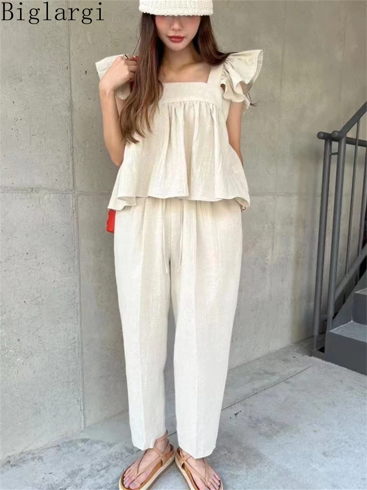 

2 Two Piece Set Korea Summer New Fashion Woman Ruffes Blouse Tops And Ladies Womens Casual Office Cotton Wide Leg Trousers Suit