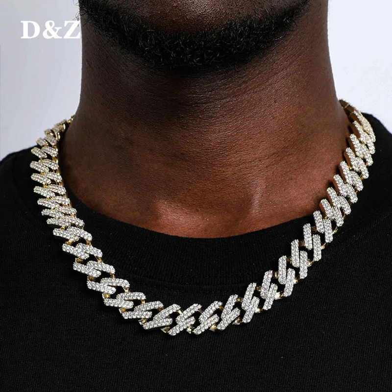 

D&Z 14MM 2Row Stones Cuban Link Chain Necklace Spring Buckle Iced Out Bling AAA Cubic Zircon Stone For Men Women Hip Hop Jewelry