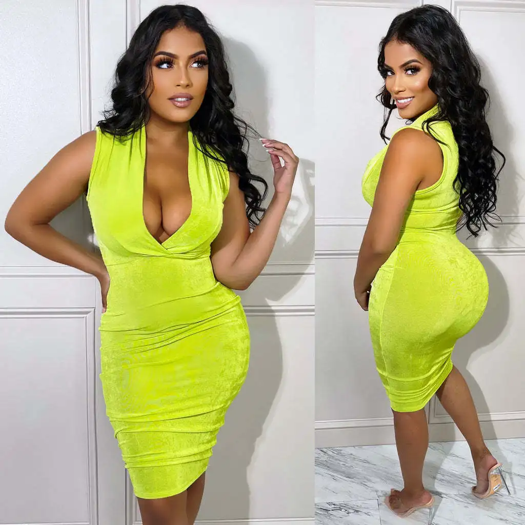 

Summer Sleeveless Tight Dress Women Fashion Solid Deep V-neck Sleeveless Party Dress Women