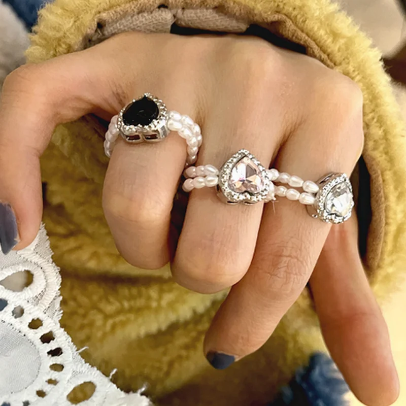 

Vintage Heart Shaped Diamond Finger Ring Wedding Accessory Gifts Double-layer Pearl Rings for Women Elastic Rope Party Jewelry