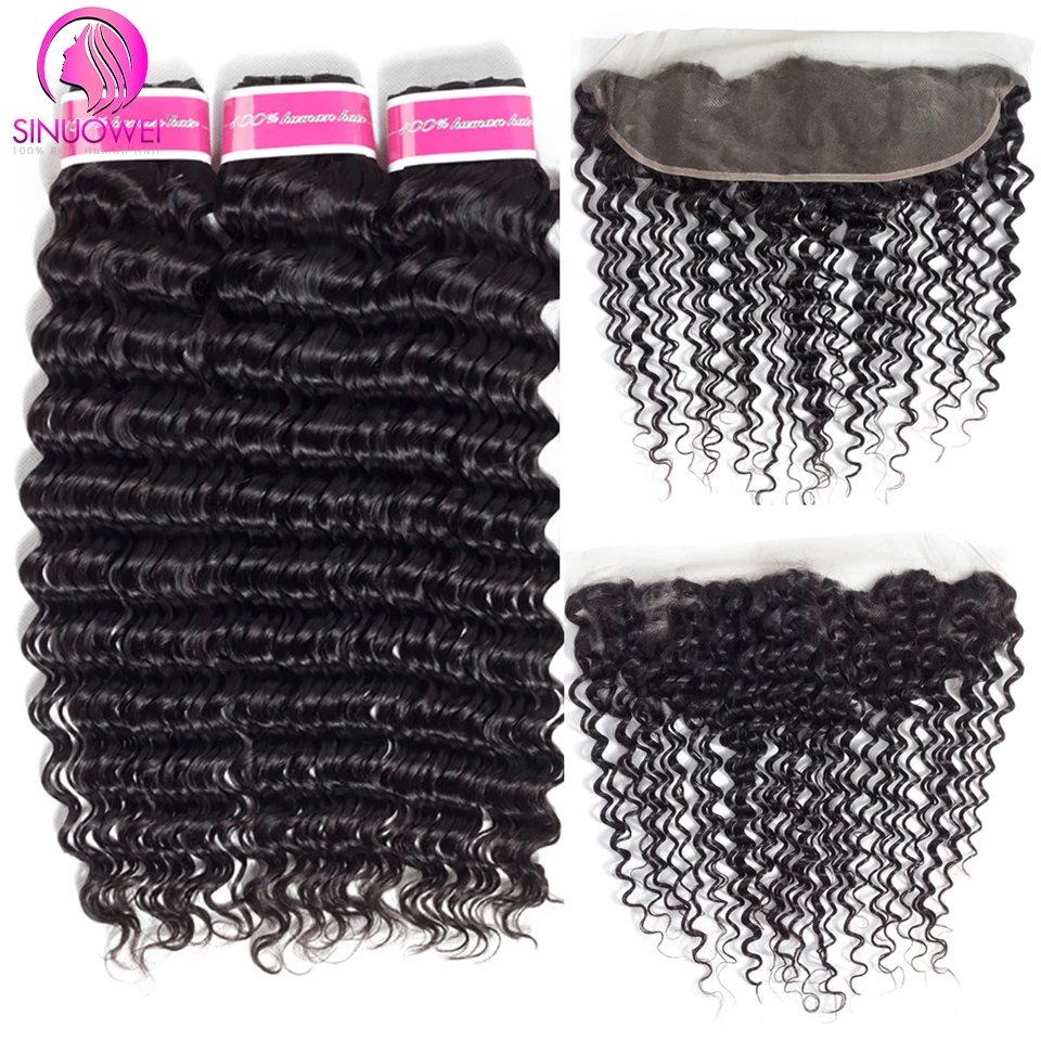 Sinuowei Brazilian Deep Wave Hair Weave Bundles With 13x4 Lace Closure Frontal Human Hair Frontal and Bundle Remy Hair Extension