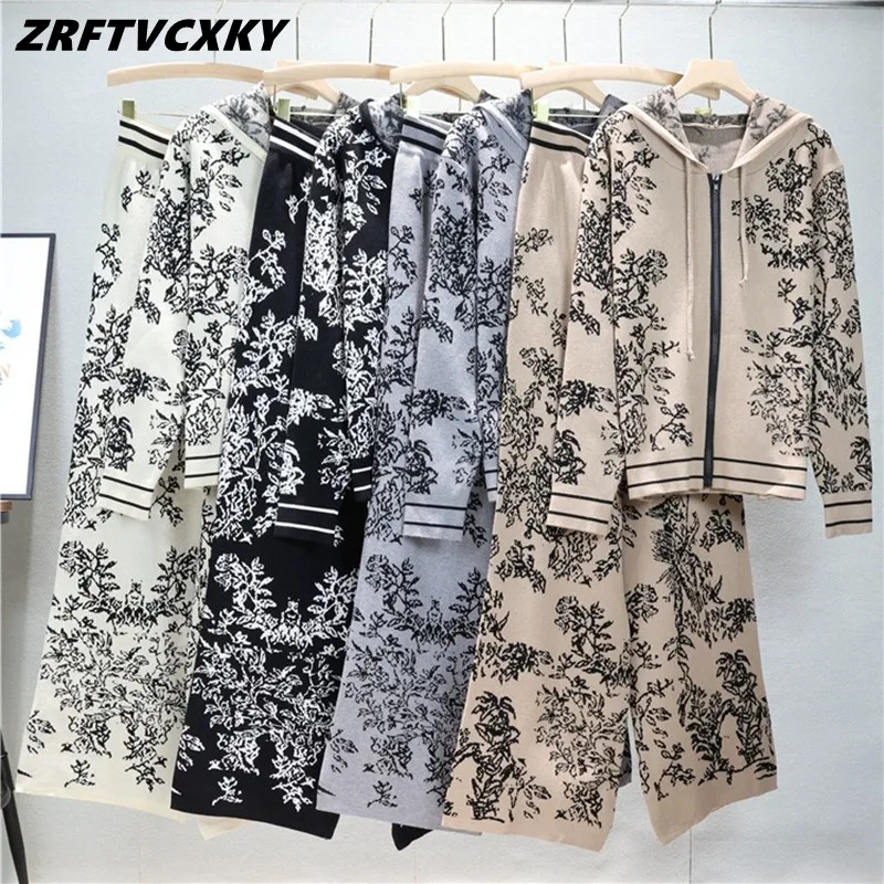 

Повседневный Модный цветочный вязаный комплект из 2 предметов, свободный свитер на молнии с капюшоном и брюки с широкими штанинами на осень и зиму