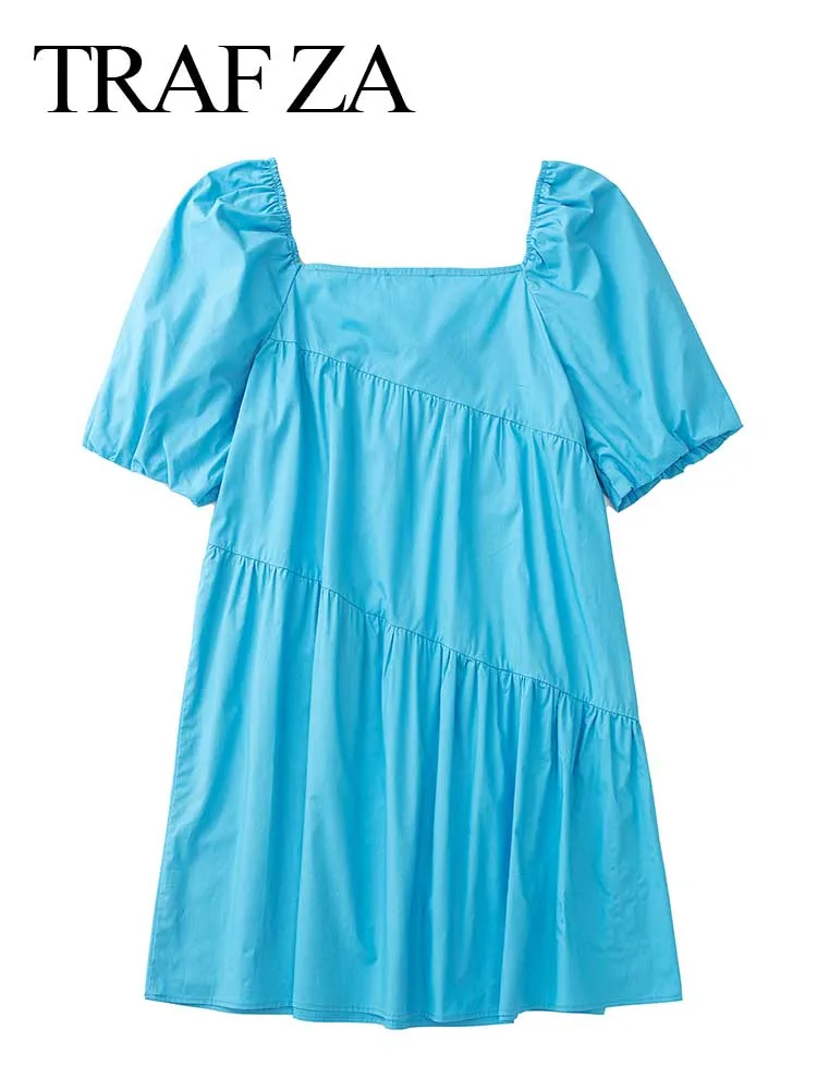 

TRAF ZA 2022 New Summer Women's Dress Solid Color Puff Sleeves Square Neck Loose Casual Asymmetric Fashion Mini Pleated Dress