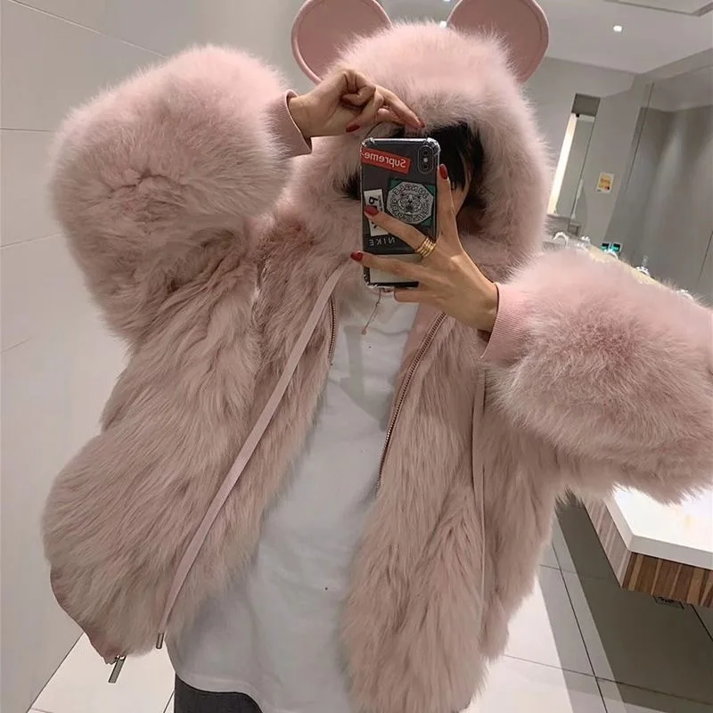 Winter Fox Fur Collar Hooded Luxury Rabbit Faux Fur Jacket Manteau Patch White Kawaii Teddy Coat Woman Overcoat Femme Hiver 2023