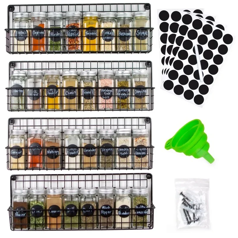 

Spice Rack with Jars, Funnel, Labels, & Pen - Wall Mount Metal Spice Organizer