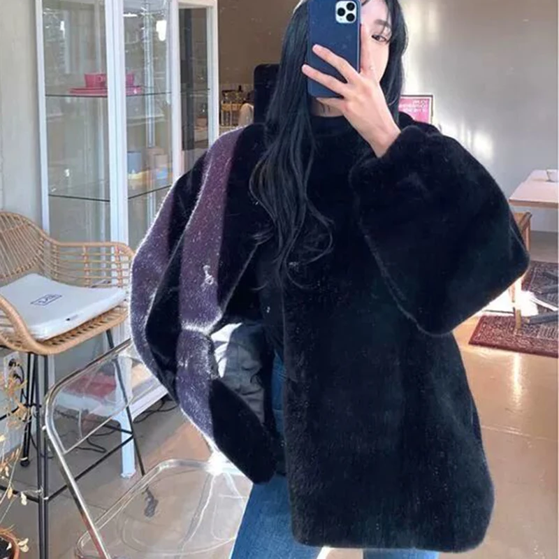 black Korean Style Black Faux Fur Coat Women 2022 Thick Warm Teddy Bear Jackets Woman Streetwear Loose Winter Outwears Ladies