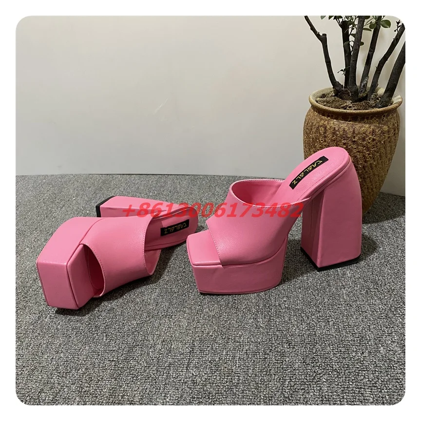 Женские шлепанцы конфетных цветов квадратный каблук платформа открытые Тапочки